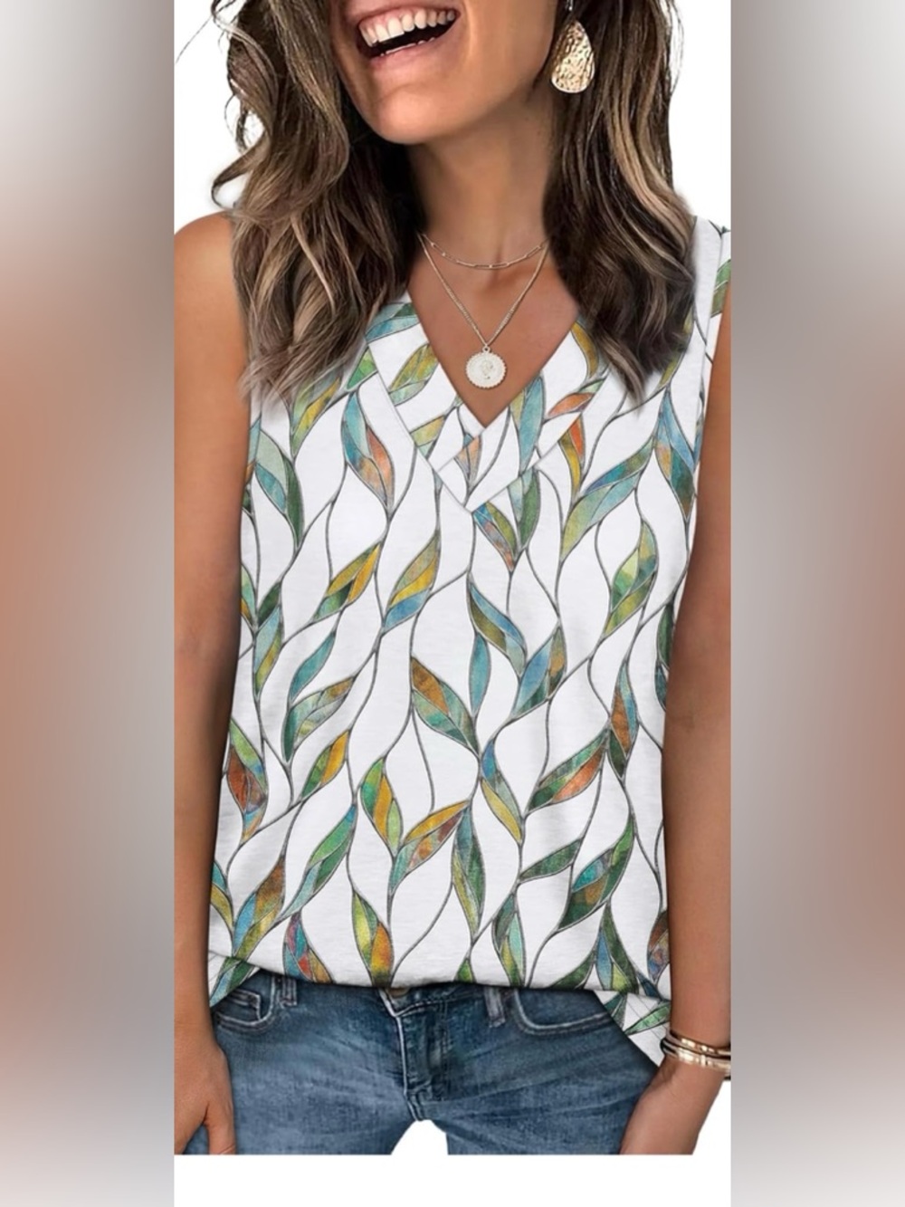 Sleeveless V-Neck Leaf Print Tank Top - Multi